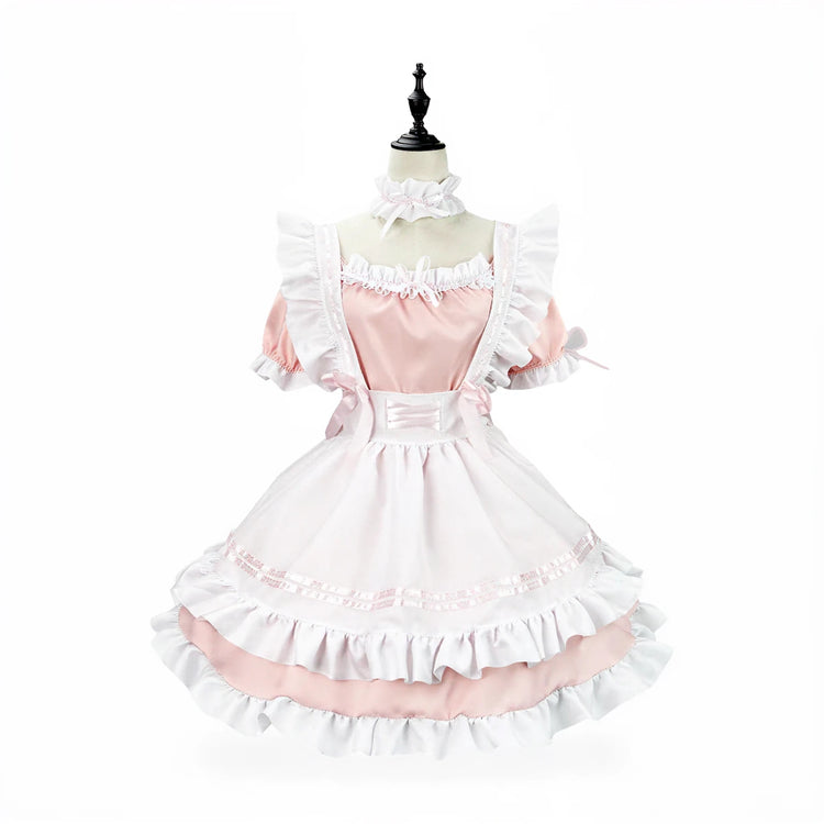 Pink and white Japanese maid costume with ruffles and bow details.