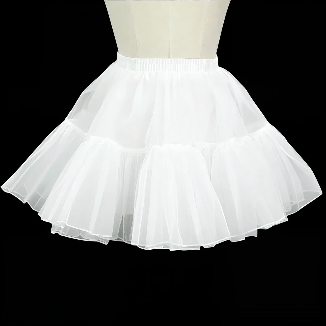 White layered tulle skirt for Japanese maid costume, elastic waist, ruffled tiers.