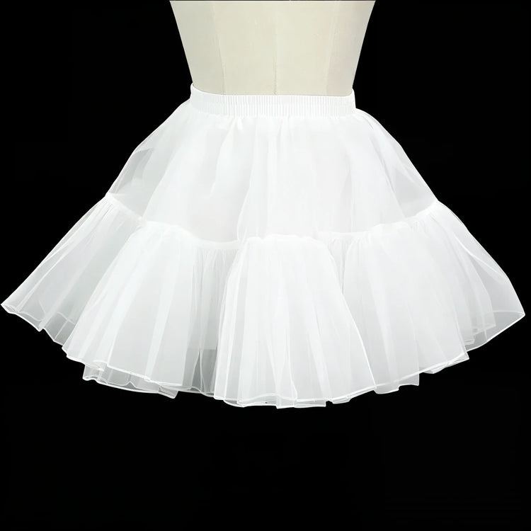 White layered tulle skirt for Japanese maid costume, elastic waist, ruffled tiers.