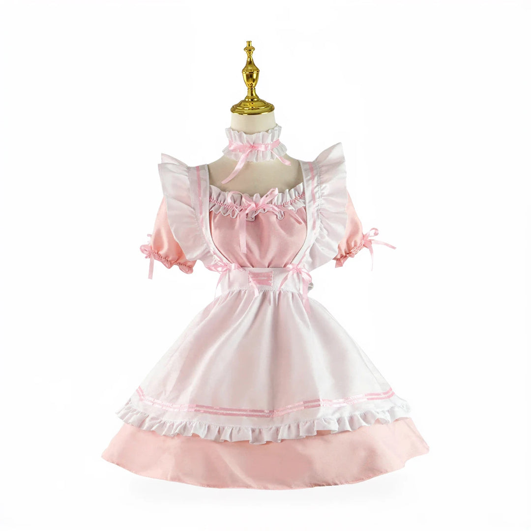 Pink Japanese maid costume with ruffles, bows, and layered skirt.