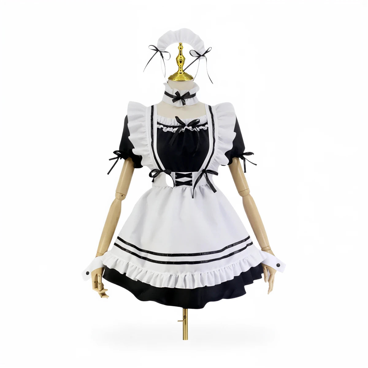 Japanese maid costume in black and white with ruffles and bows.