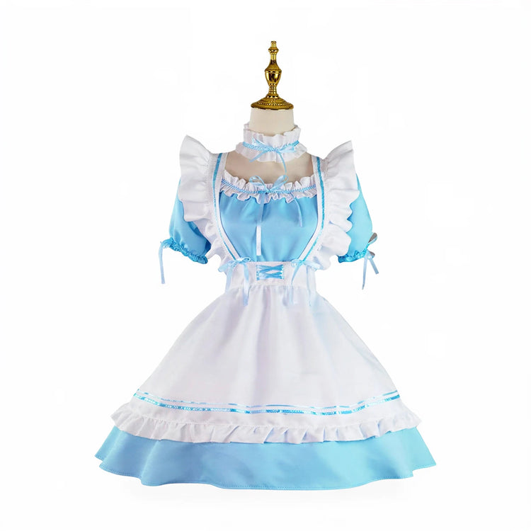 Japanese maid costume in blue and white with ruffles and lace trim.