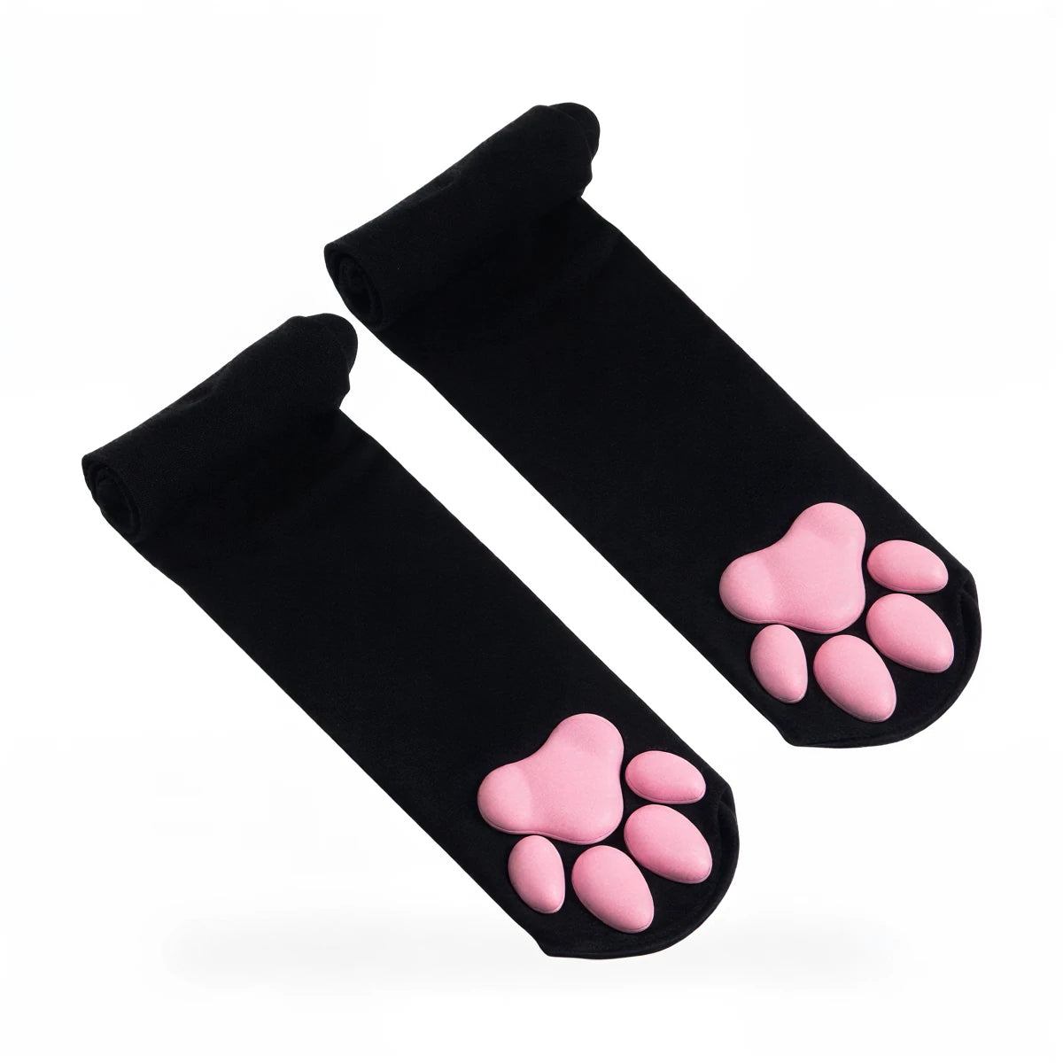 Black cat paw socks with pink silicone paw pads on toes.