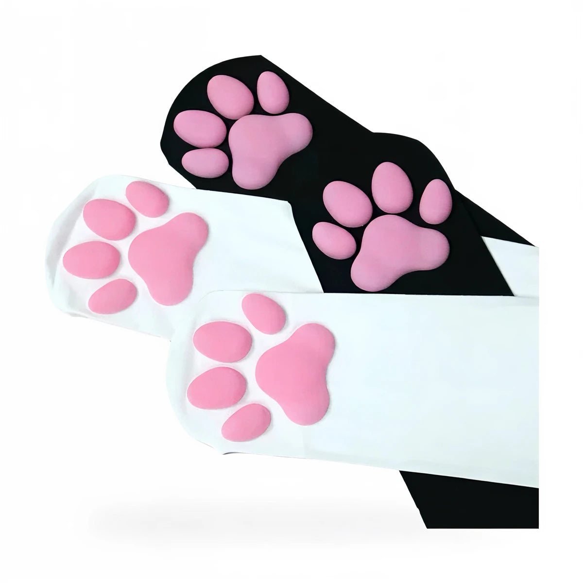 Cat paw socks, black and white, soft fabric with pink paw print details.