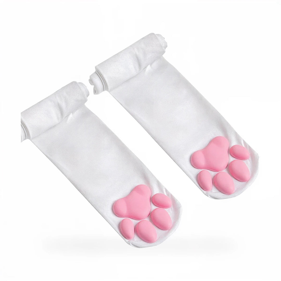White cat paw socks with pink silicone paw pads on toes.