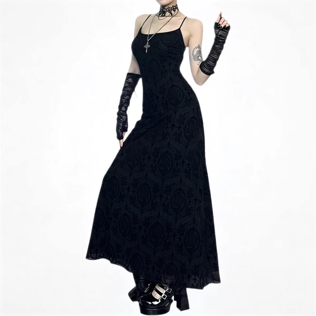Black lace gothic dress with cross pattern and thin straps.