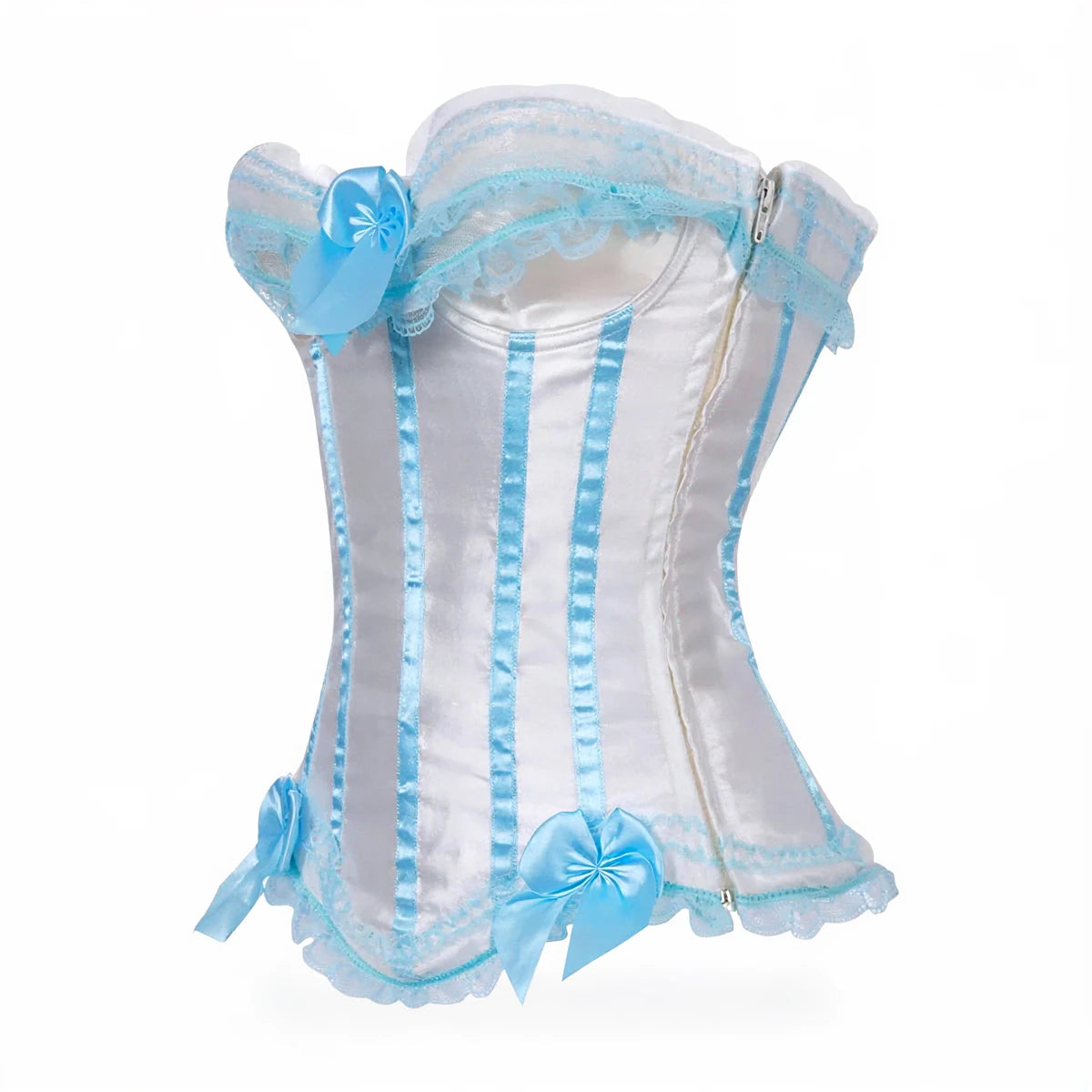Sky Blue Corset with satin stripes, lace trim, and bow accents.