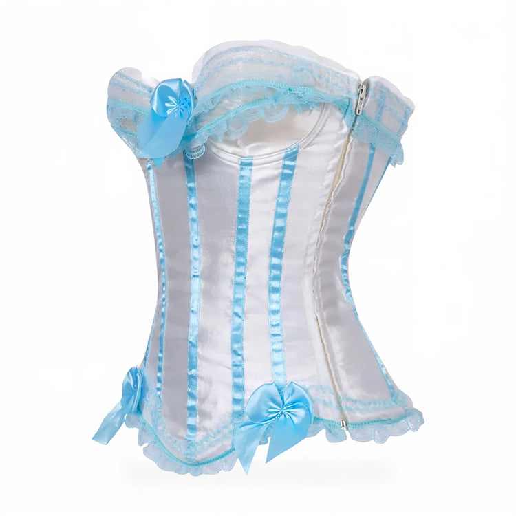 Sky Blue Corset with satin stripes, lace trim, and bow accents.