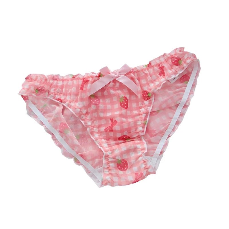 Pink strawberry print ruffled underwear with white trim and bow.