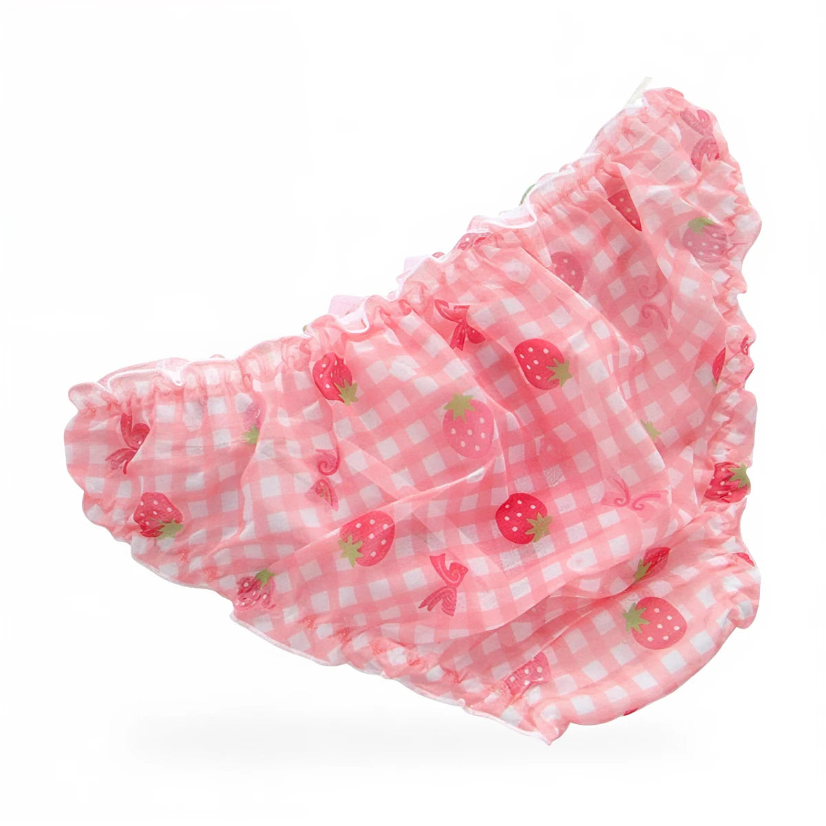 Pink gingham fabric with strawberry print, ruffled hem, lightweight material.