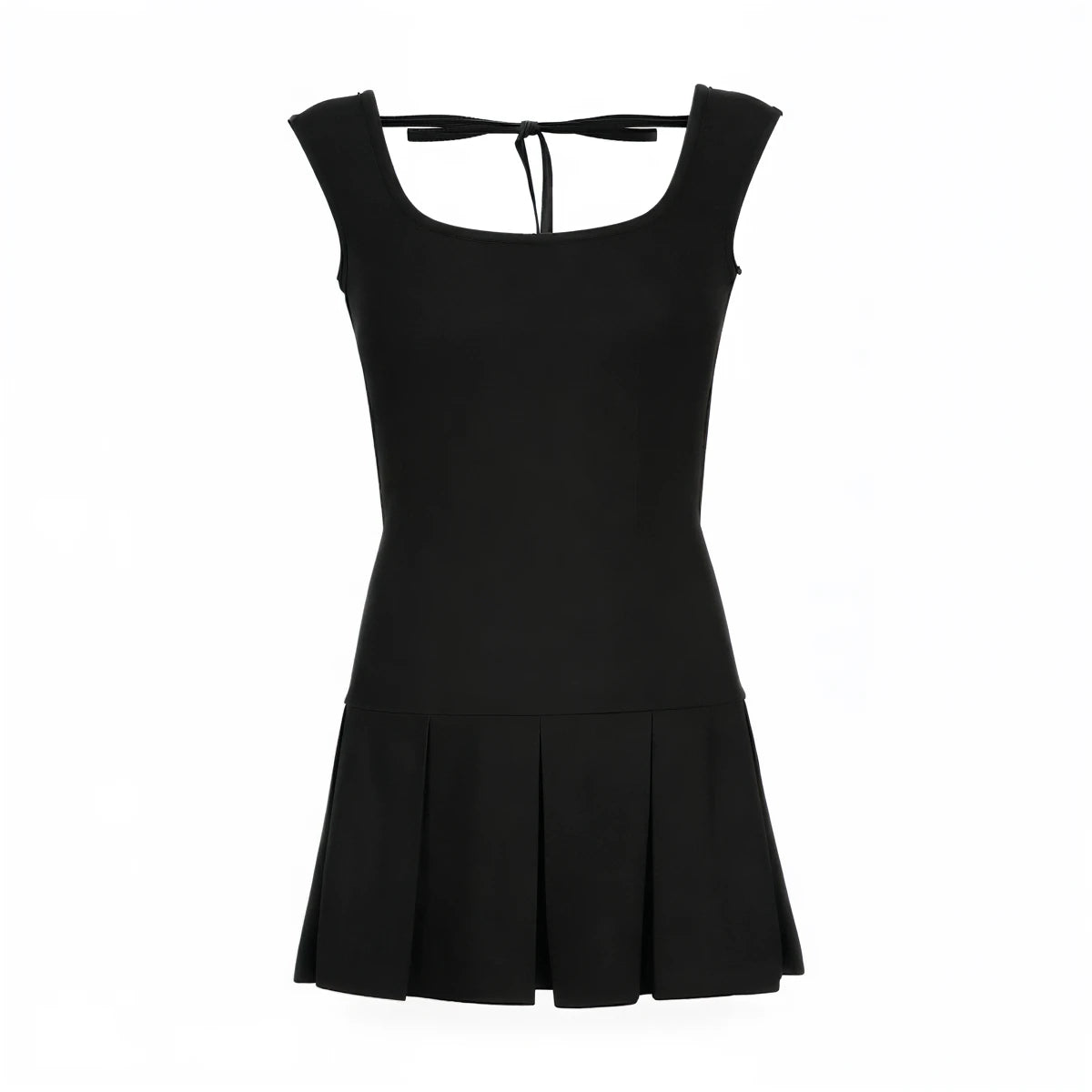 Backless mini dress in black, fitted bodice with pleated skirt and tie-back detail.