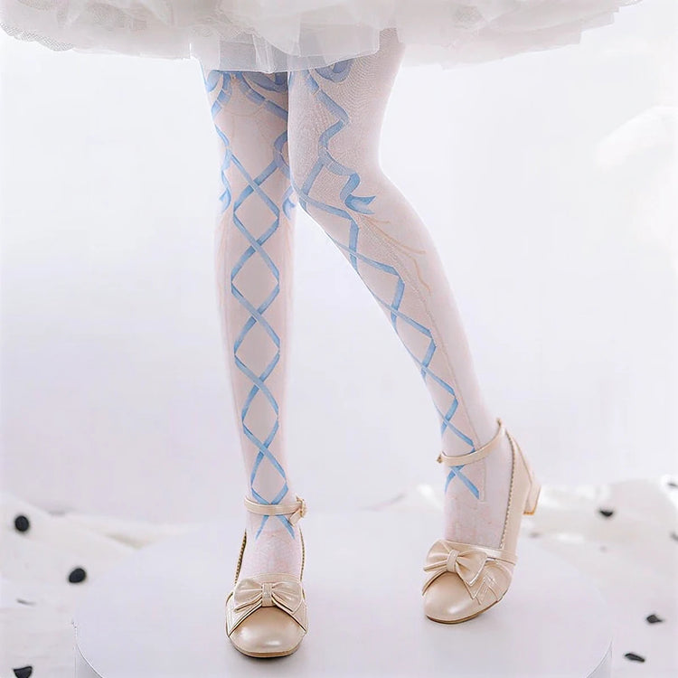 Dollhouse Darling Pantyhose: light blue patterned sheer tights with lace-up design.