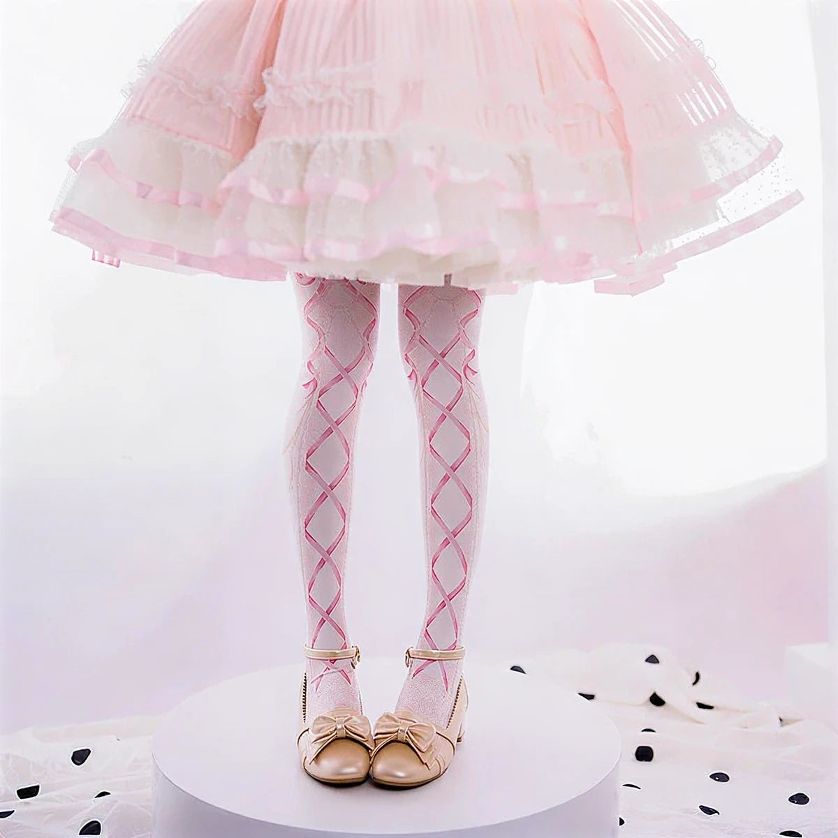 Dollhouse Darling Pantyhose: pink diamond-patterned sheer tights with lace trim.