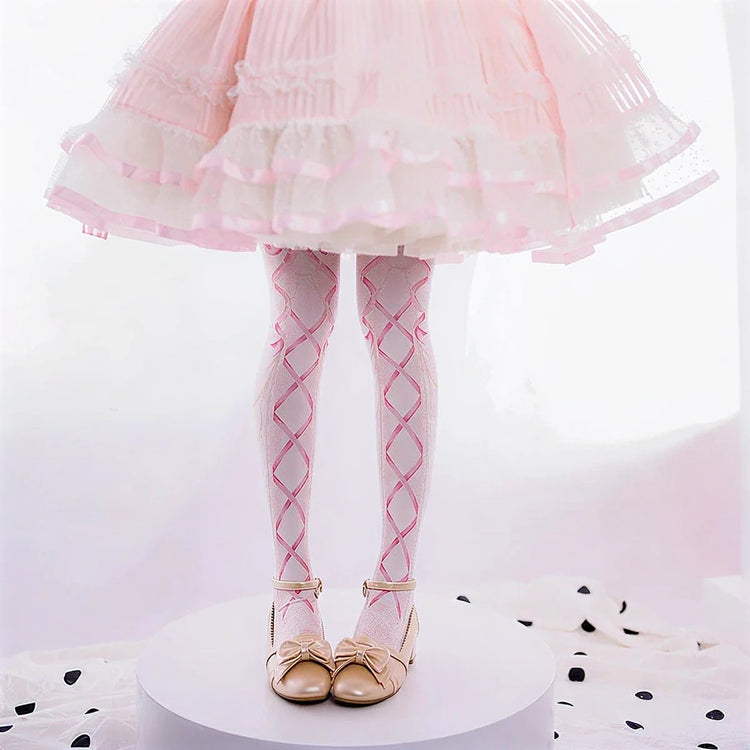 Dollhouse Darling Pantyhose: pink diamond-patterned sheer tights with lace trim.