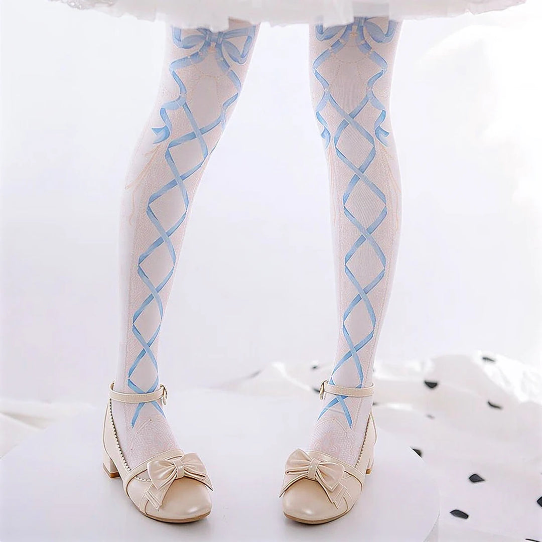 Dollhouse Darling Pantyhose: light blue ribbon crisscross pattern on sheer white fabric.