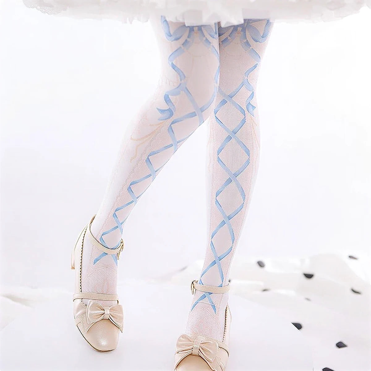 Dollhouse Darling Pantyhose: light pink with blue ribbon crisscross pattern, sheer lace material.
