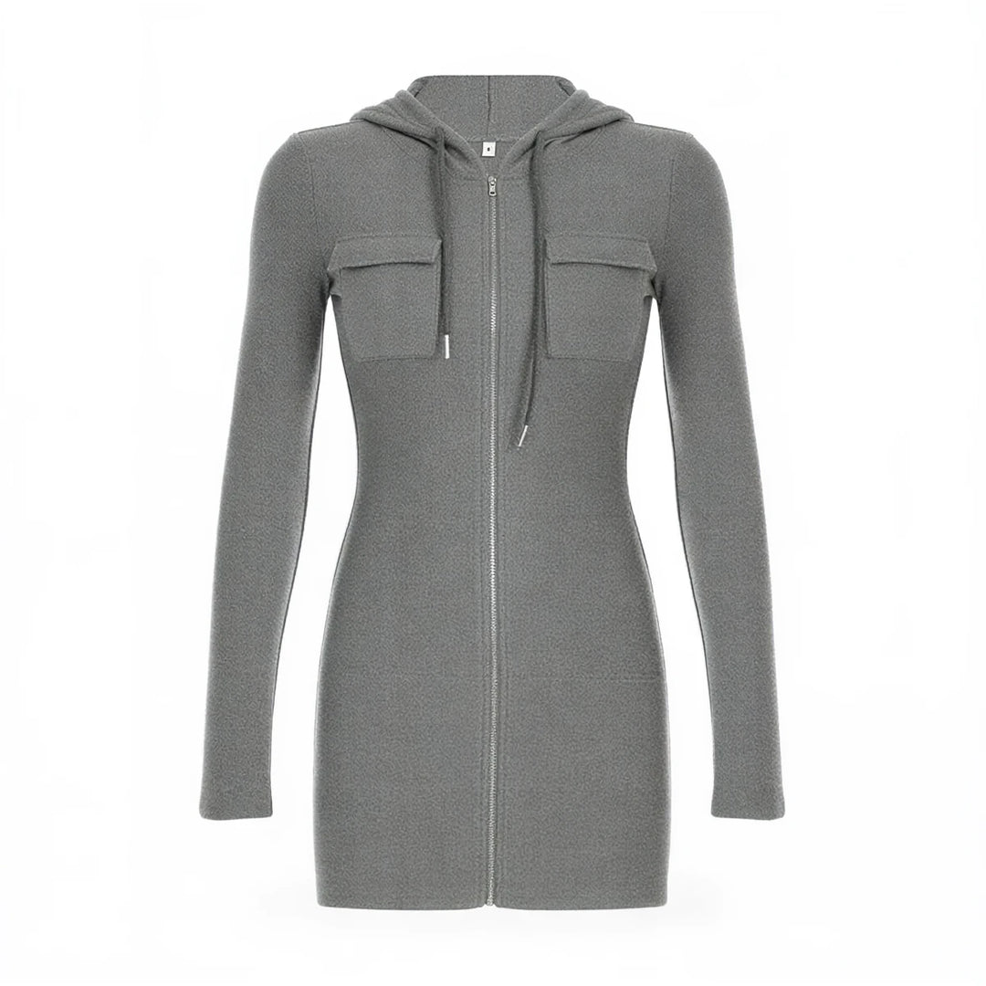 Grey zip-up hooded dress with front pockets and long sleeves.
