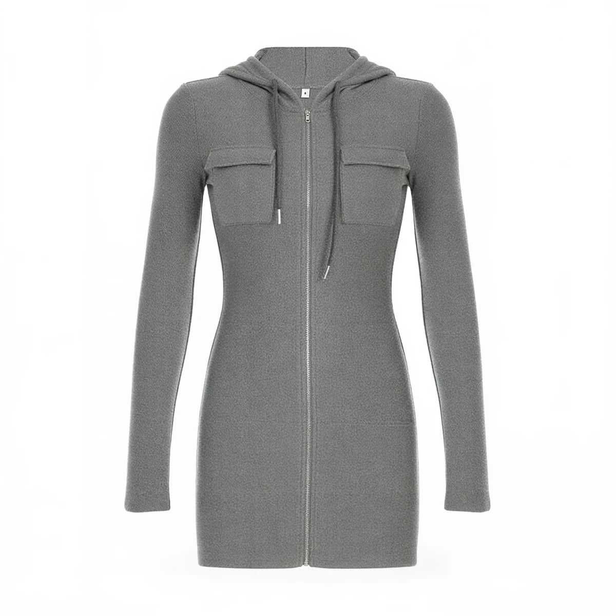 Grey zip-up hooded dress with front pockets and long sleeves.