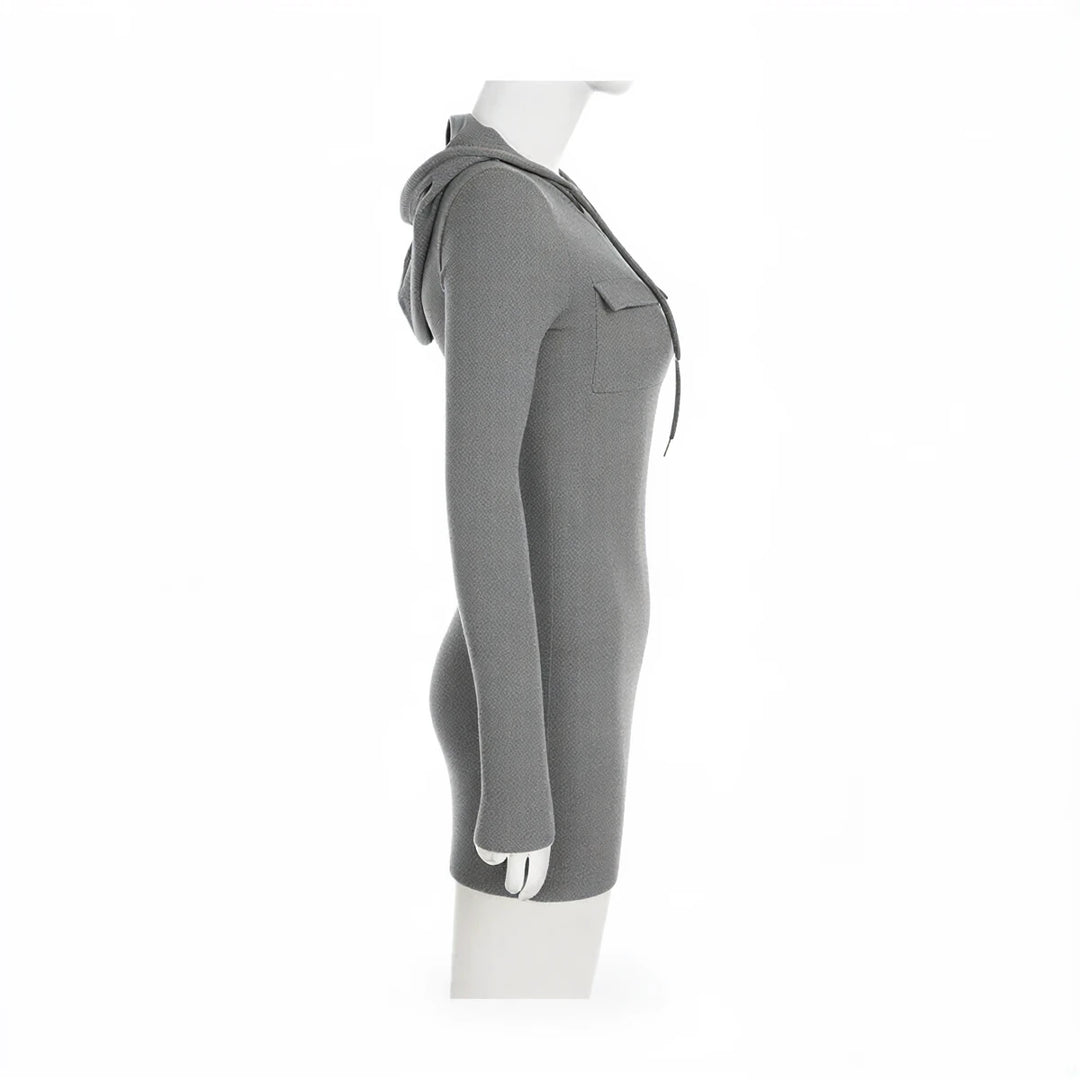 Grey zip-up dress with hood, long sleeves, and front pocket.