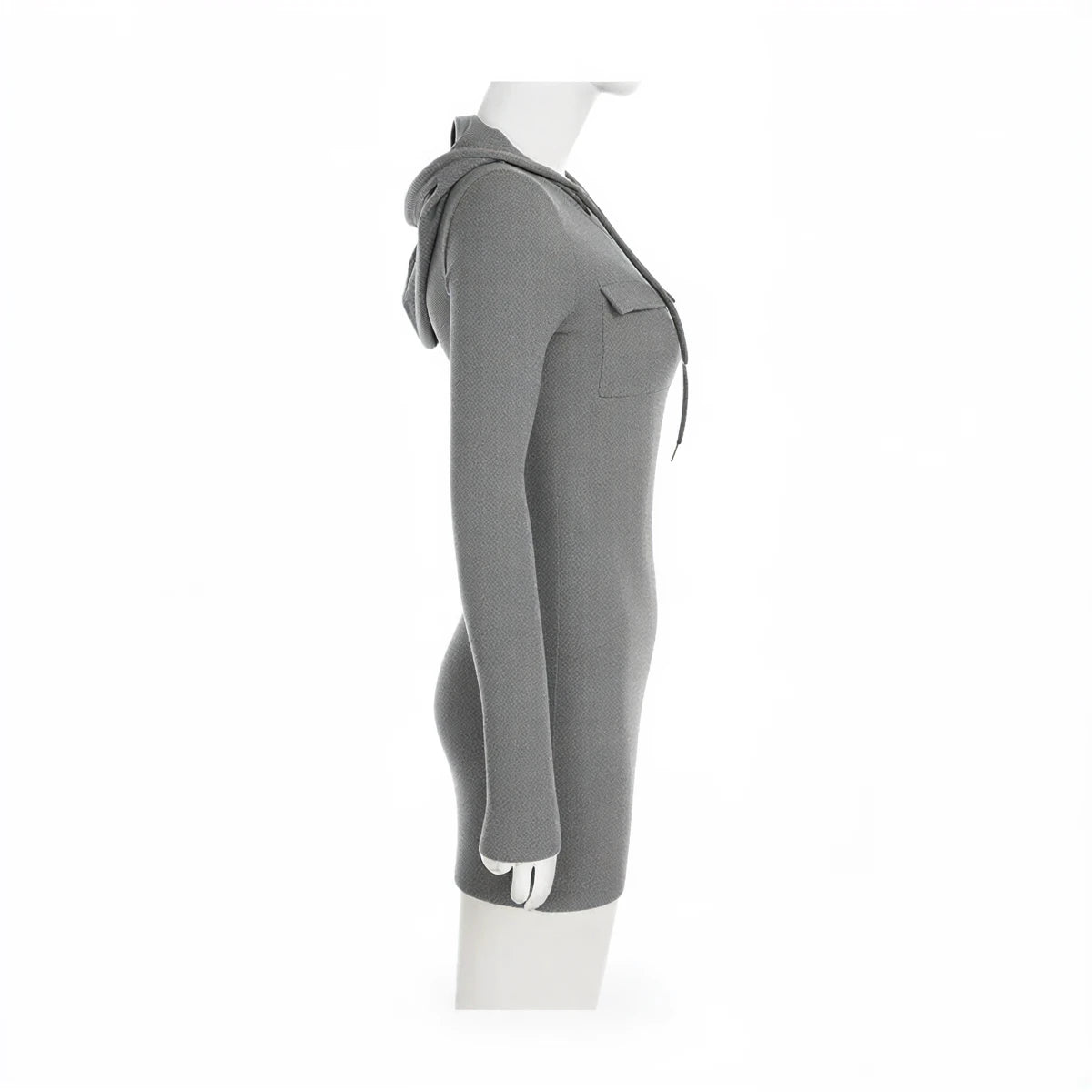 Grey zip-up dress with hood, long sleeves, and front pocket.