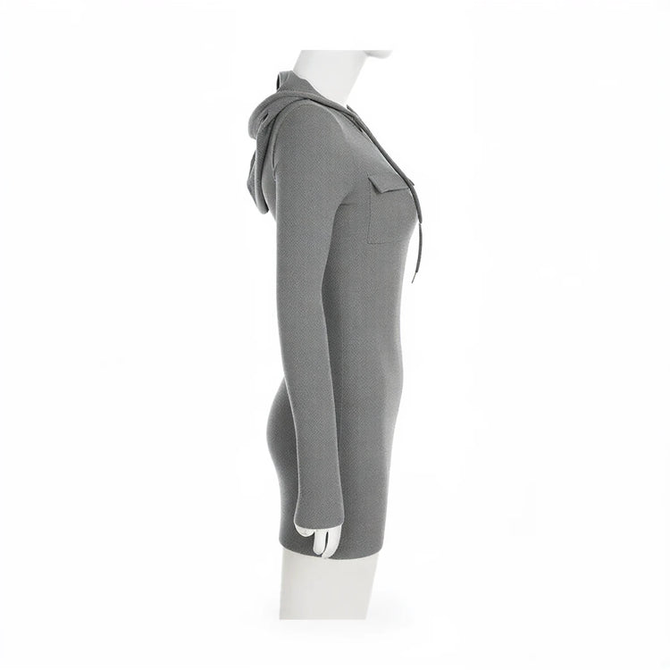 Grey zip-up dress with hood, long sleeves, and front pocket.
