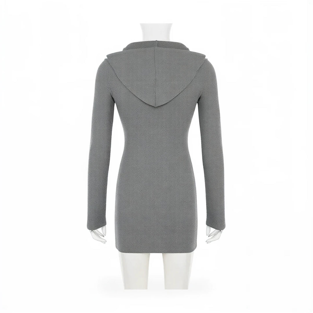 Grey zip-up hooded dress with long sleeves and fitted silhouette.