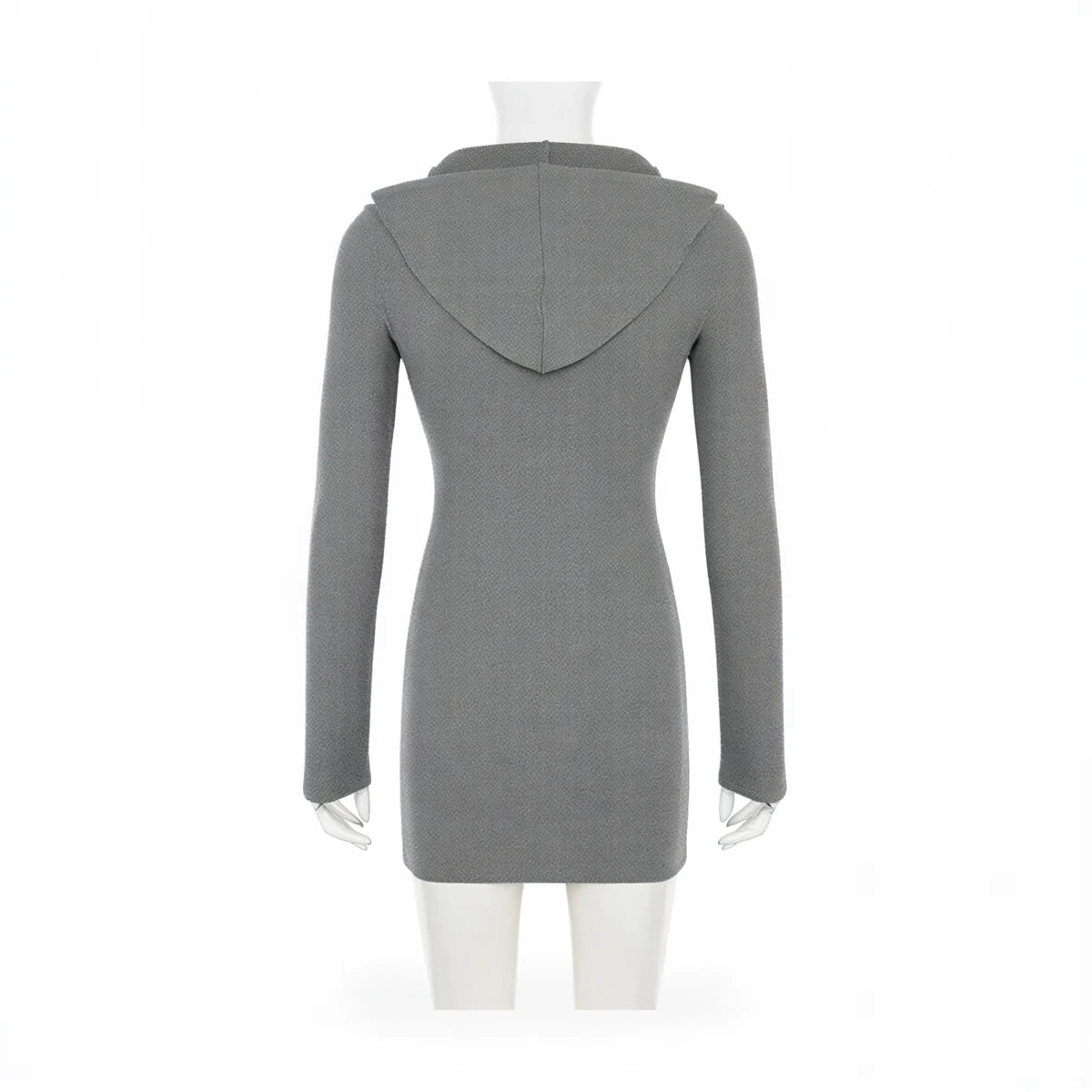 Grey zip-up hooded dress with long sleeves and fitted silhouette.