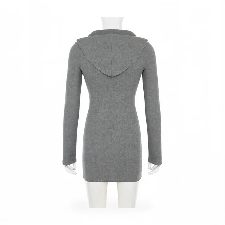 Grey zip-up hooded dress with long sleeves and fitted silhouette.