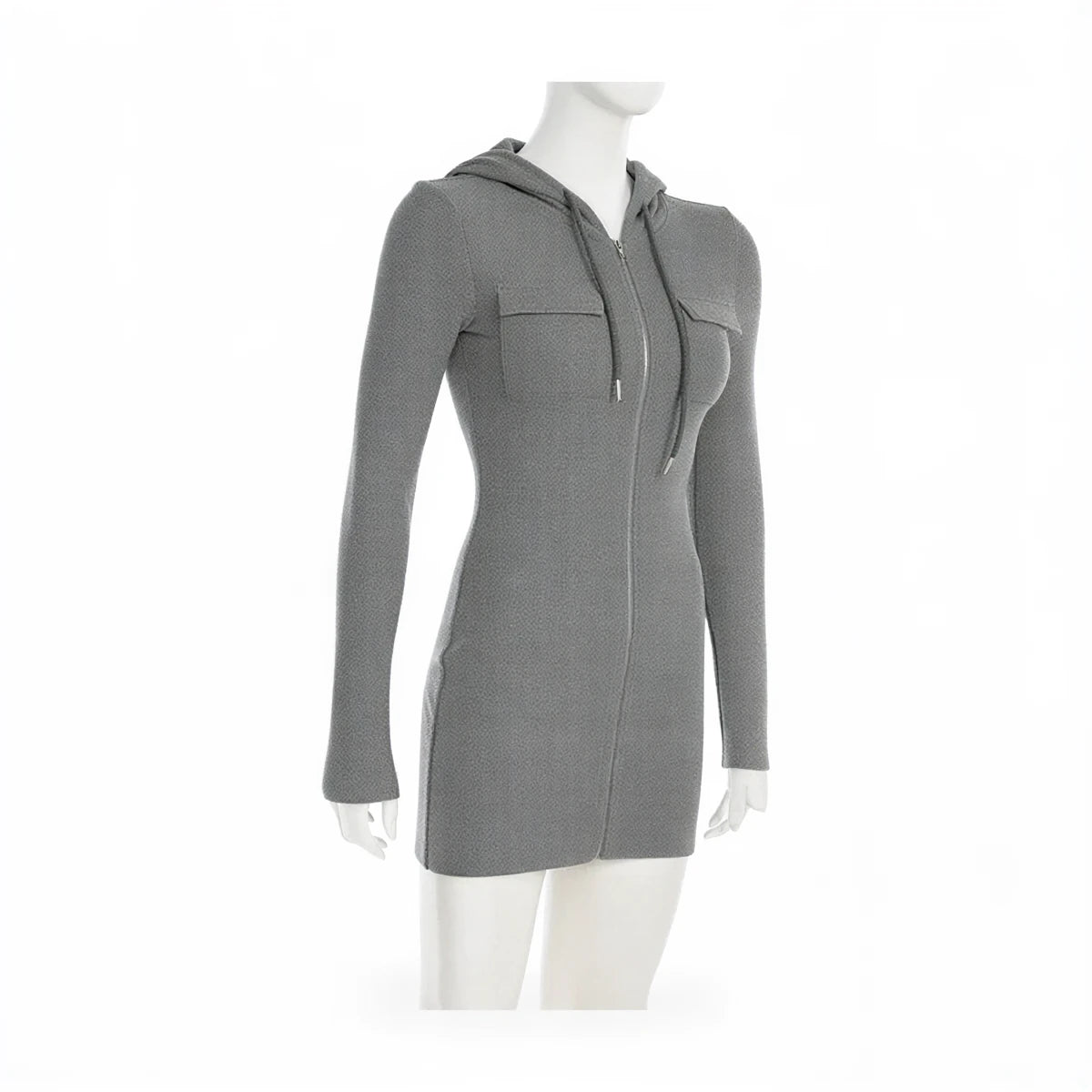 Grey zip-up dress with hood and front pockets, knit material.