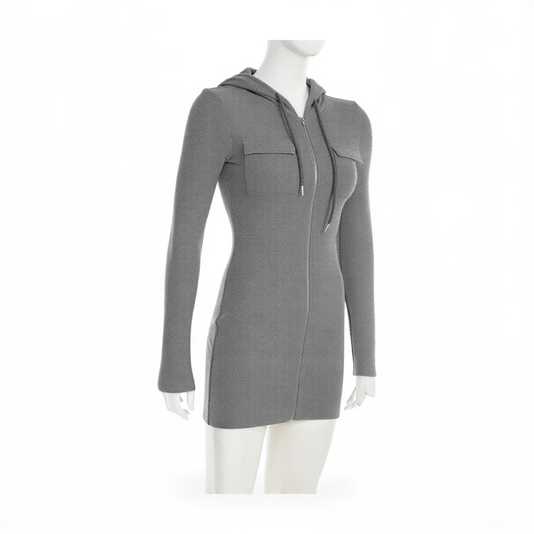 Grey zip-up dress with hood and front pockets, knit material.