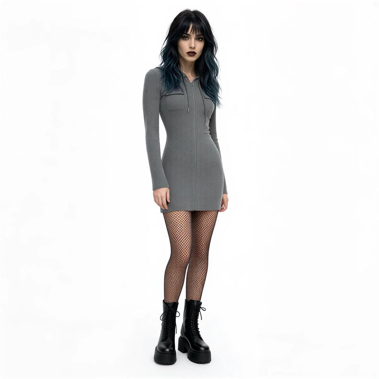 Grey zip-up dress with long sleeves and front pockets.