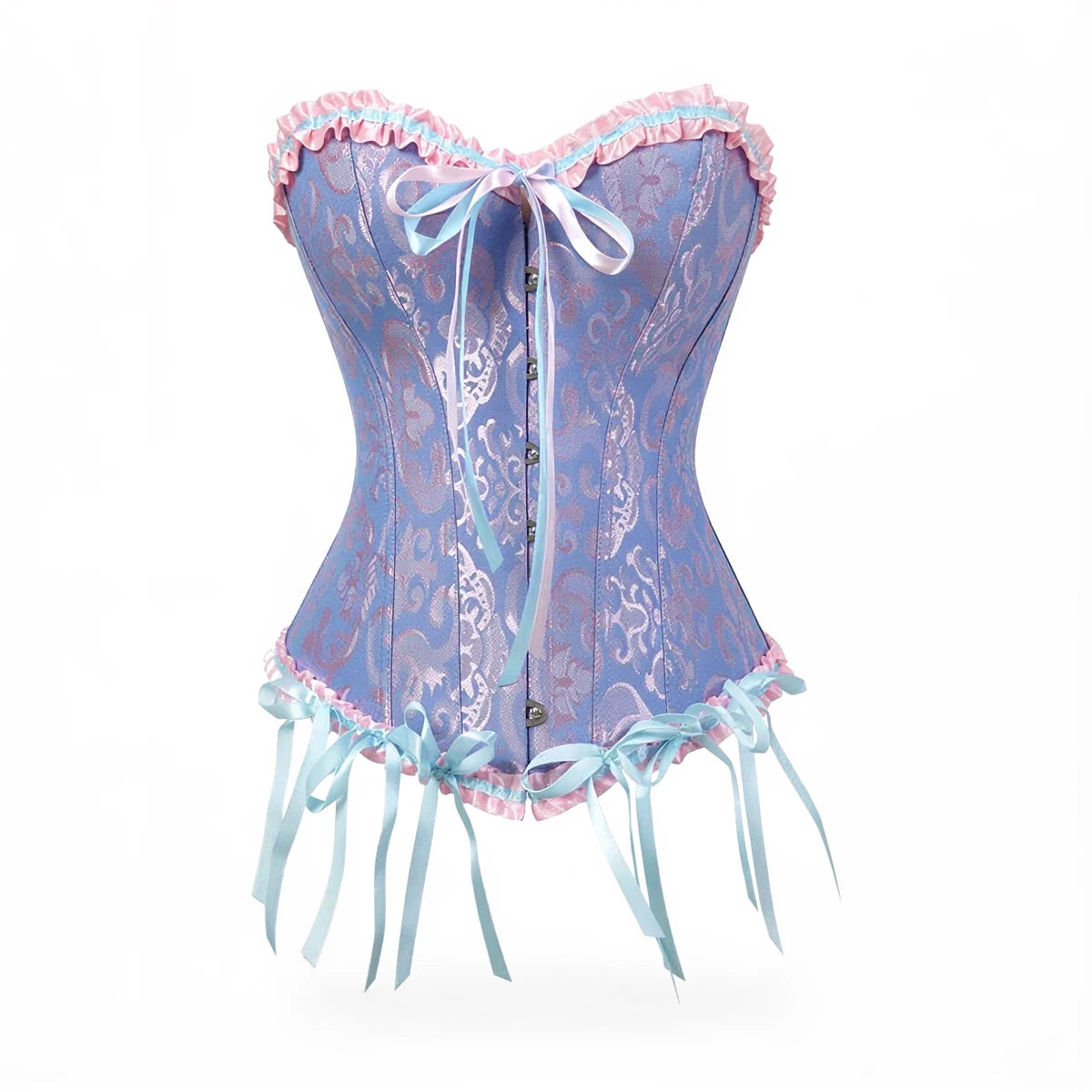 Dream Wanderer Corset: blue paisley fabric with pink ruffles and light blue ribbon ties.