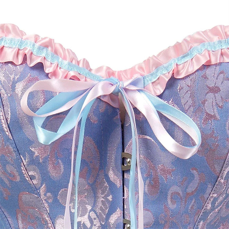 Dream Wanderer Corset: pink satin with light blue ribbon bow and ruffled trim.