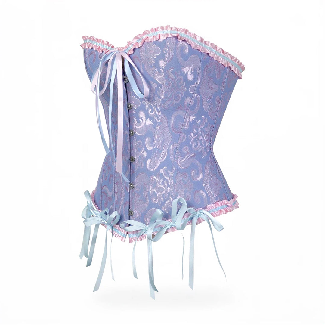 Dream Wanderer Corset: lavender paisley fabric with pink ruffles and light blue ribbon ties.