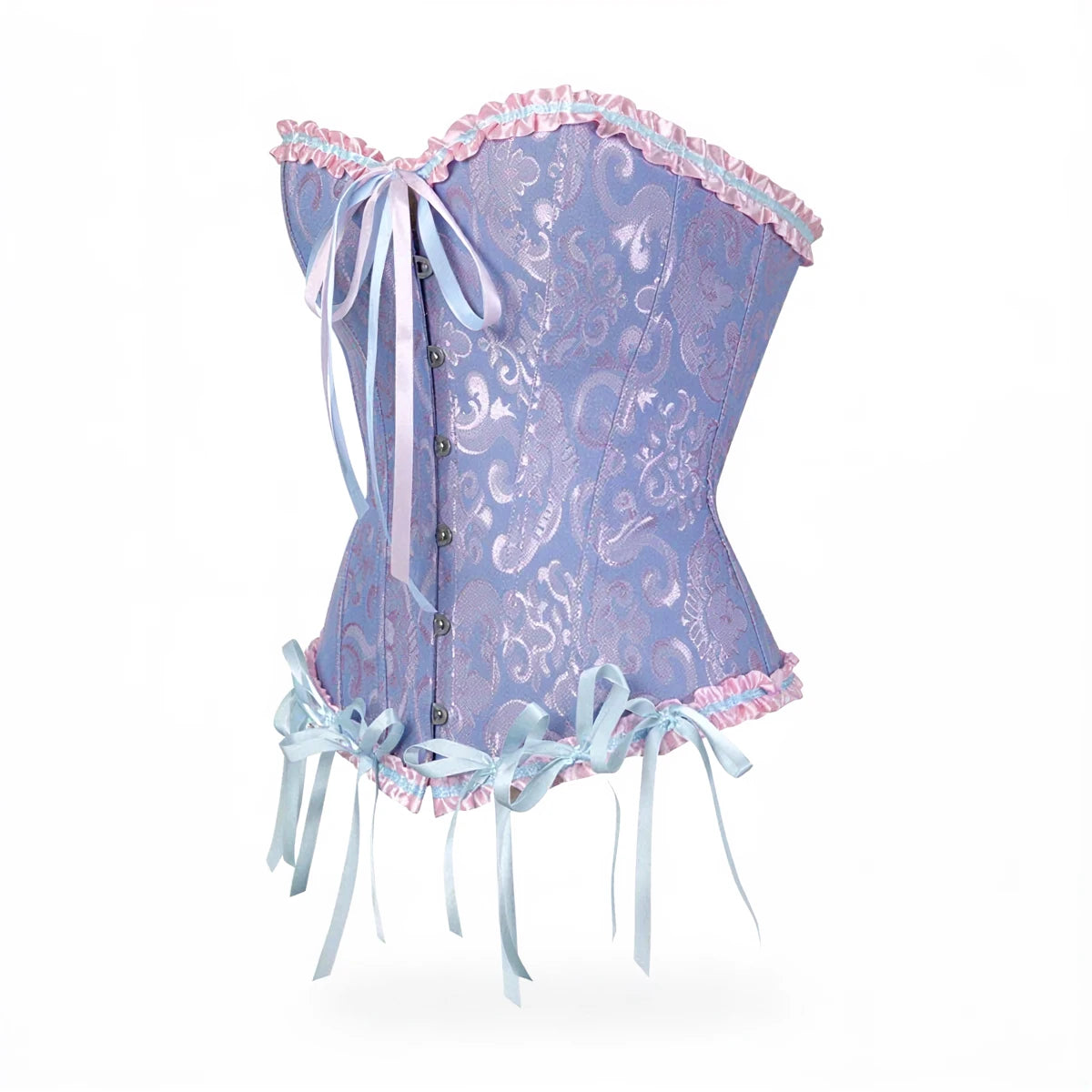 Dream Wanderer Corset: lavender paisley fabric with pink ruffles and light blue ribbon ties.