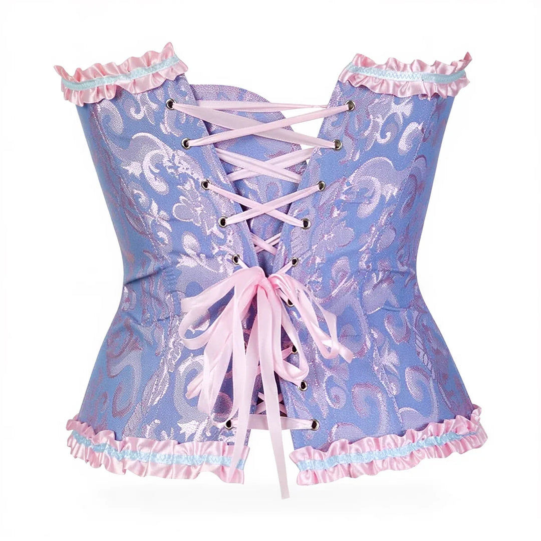 Dream Wanderer Corset: blue patterned fabric with pink lace-up and ruffled trim.