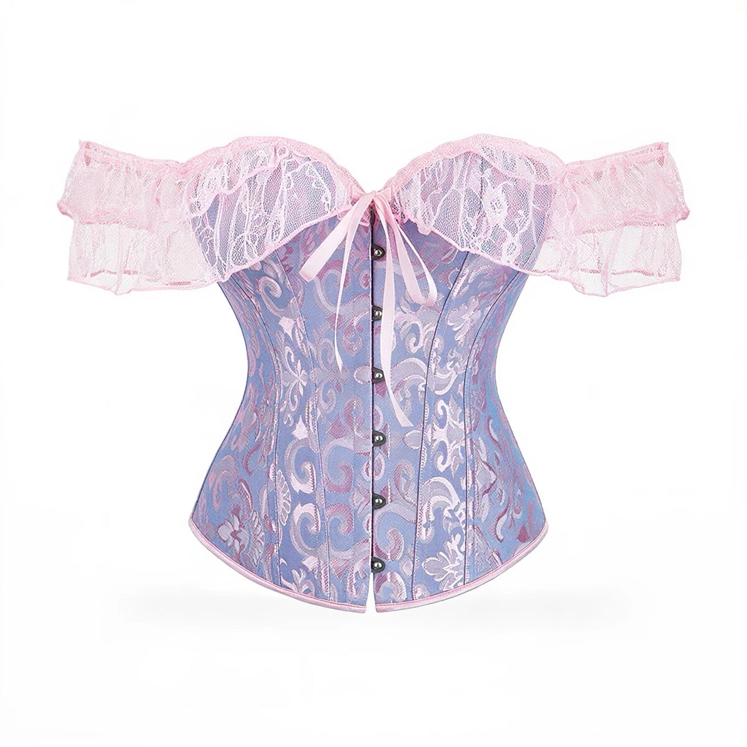 Dreamscape Corset: lavender lace with pink ruffled off-shoulder trim and front buttons.