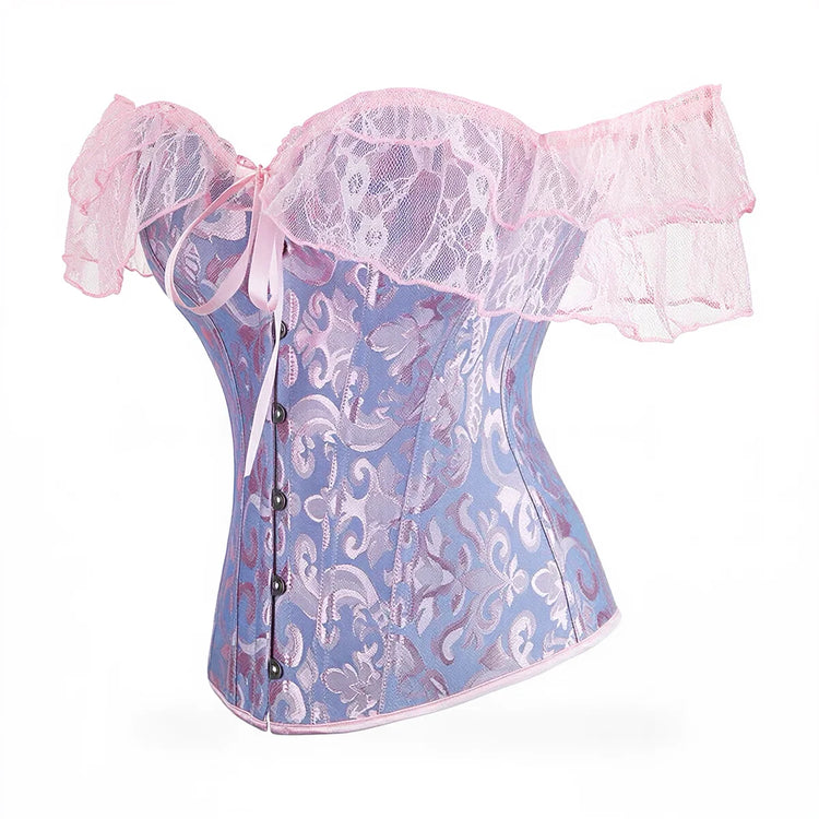 Dress corset in blue and pink floral lace with off-shoulder ruffled sleeves.
