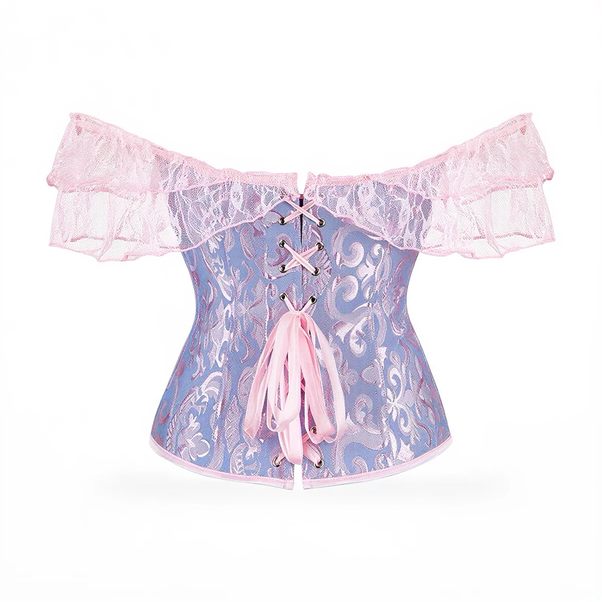 Dreamscape Corset: lavender lace with pink ruffled off-shoulder trim and ribbon ties.