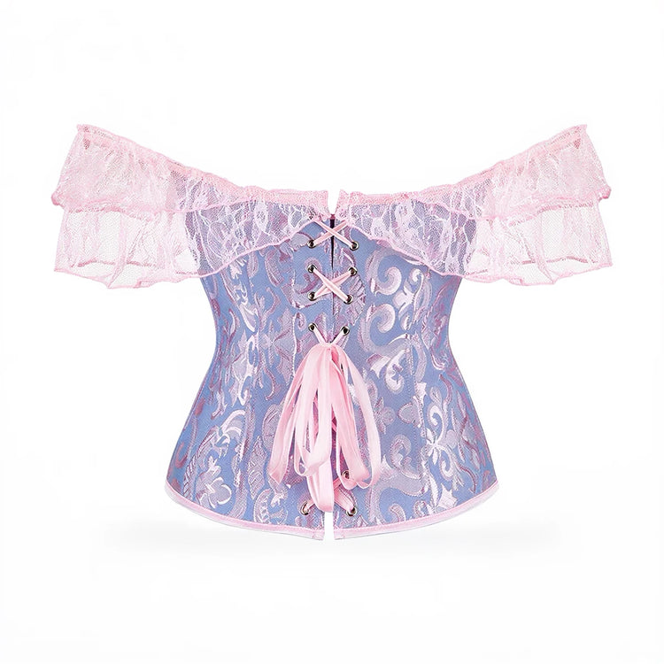 Dreamscape Corset: lavender lace with pink ruffled off-shoulder trim and ribbon ties.
