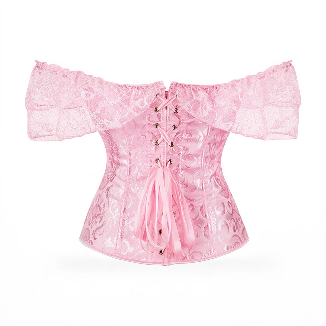 Pink lace corset with off-shoulder sleeves and front lacing.
