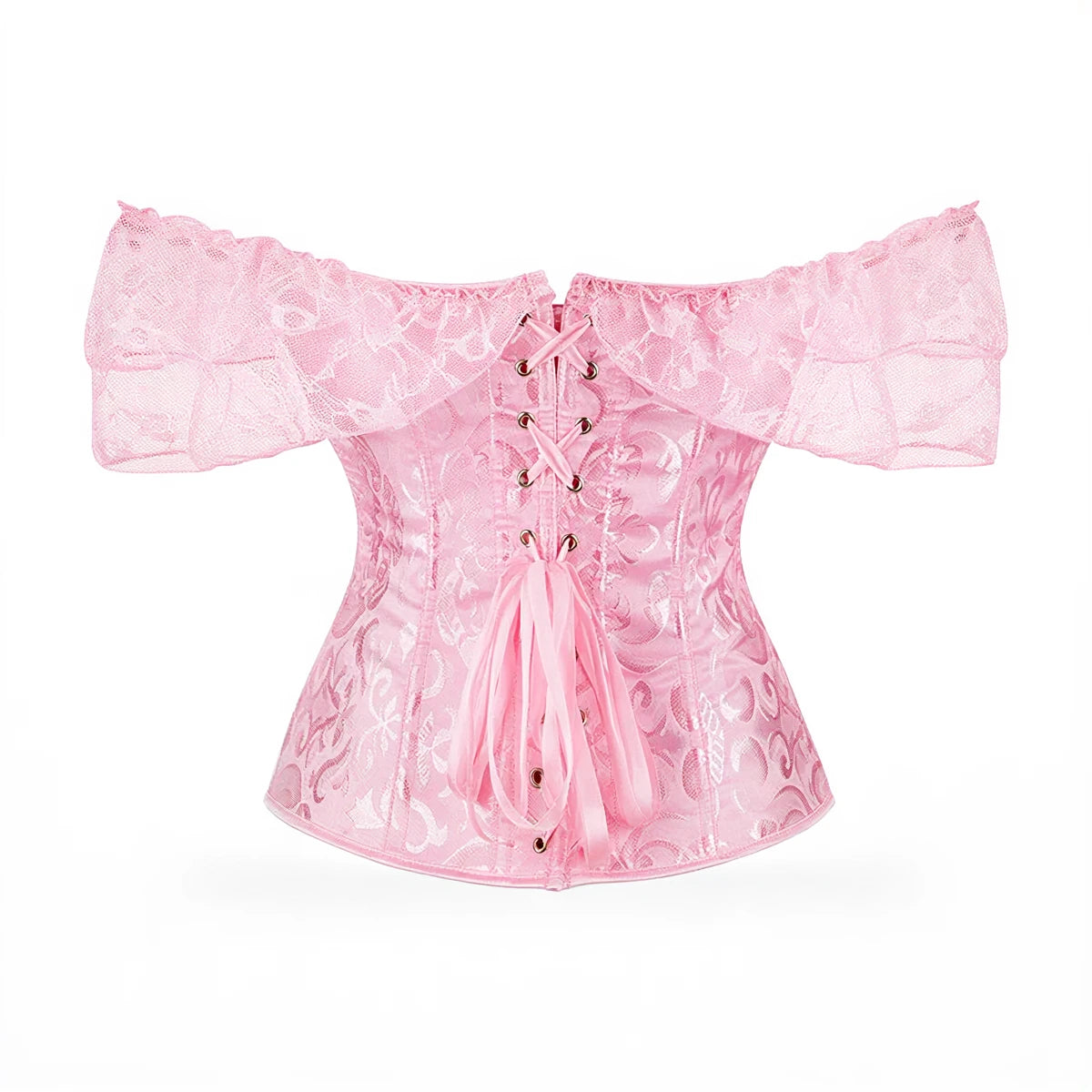 Pink lace corset with off-shoulder sleeves and front lacing.