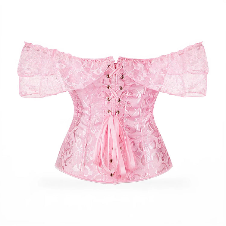 Pink lace corset with off-shoulder sleeves and front lacing.