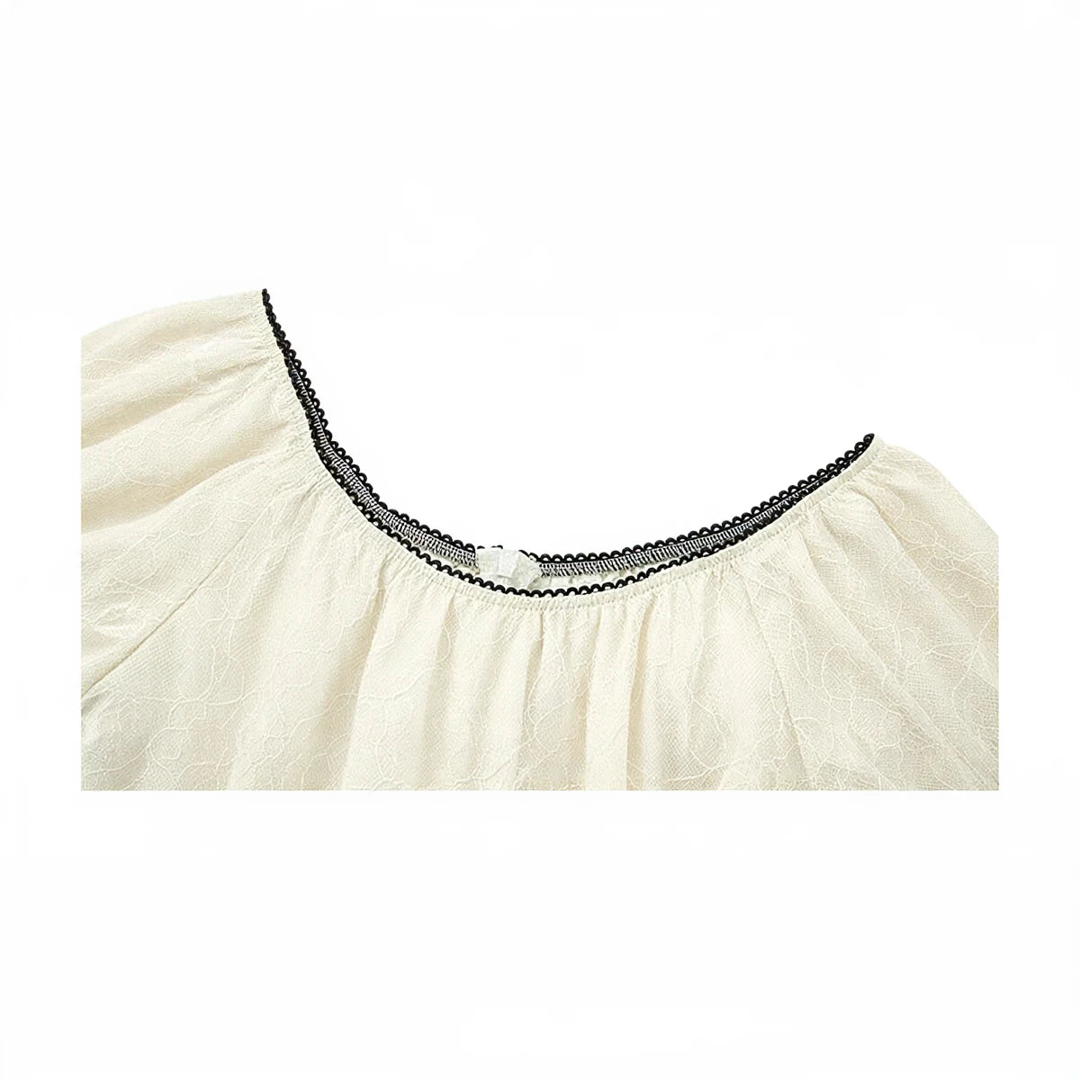 Fairy Hunter Lace Dress, cream-colored lace with black trim neckline.