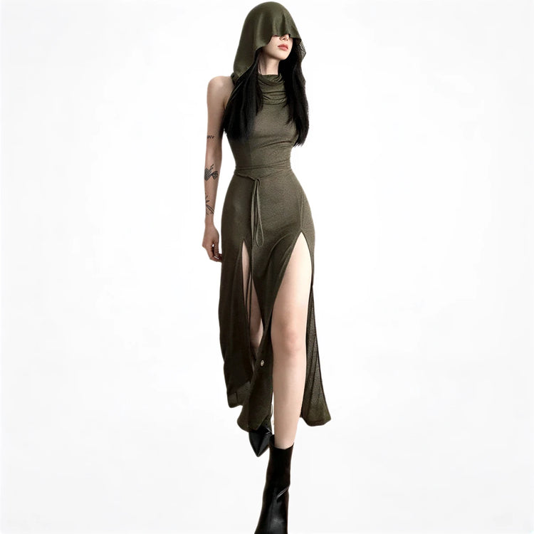 Olive green hooded dress with side slit and drawstring waist.