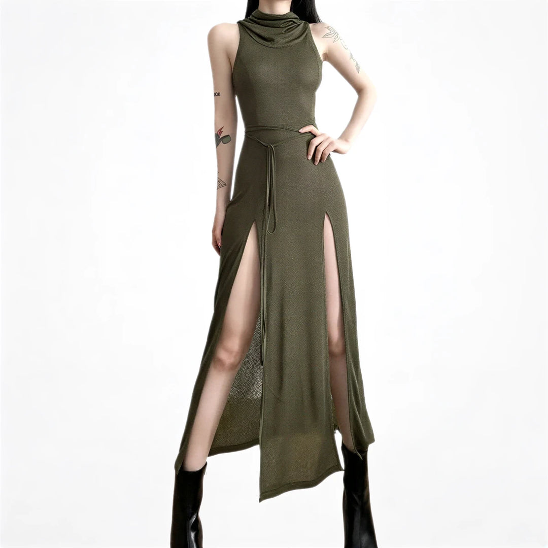 Olive green sleeveless dress with high slit and drawstring waist.