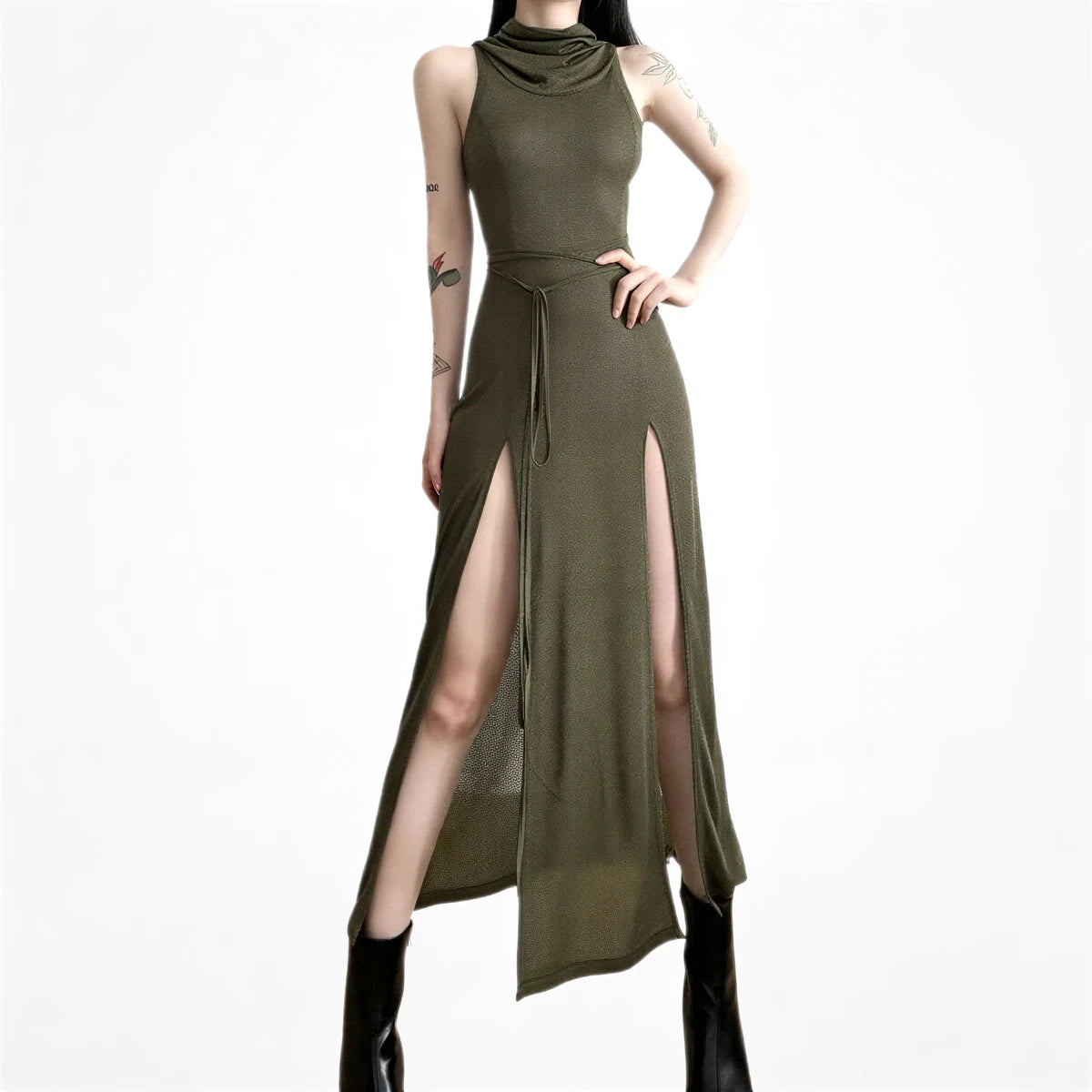 Olive green sleeveless dress with high slit and drawstring waist.