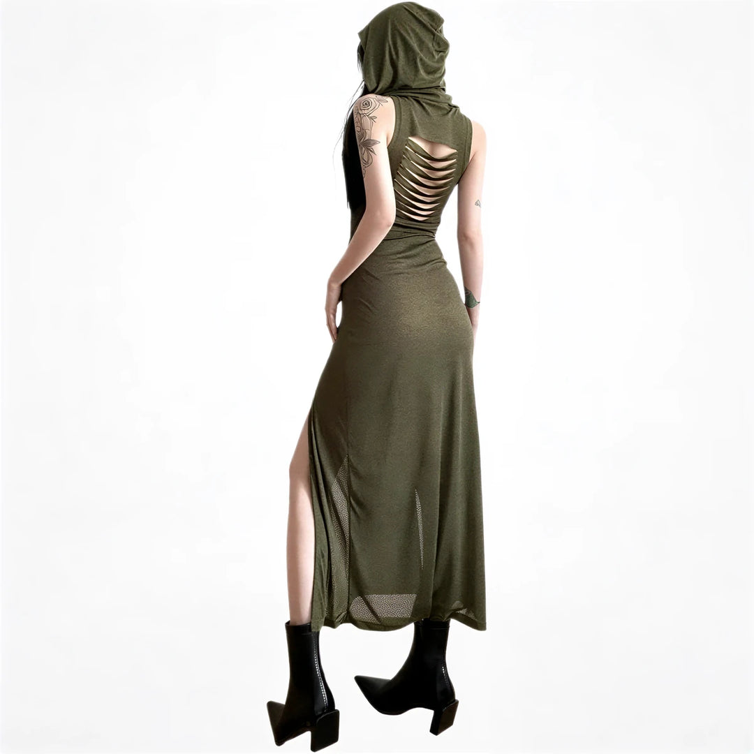 Olive green sleeveless dress with hood, back cutouts, and side slit.