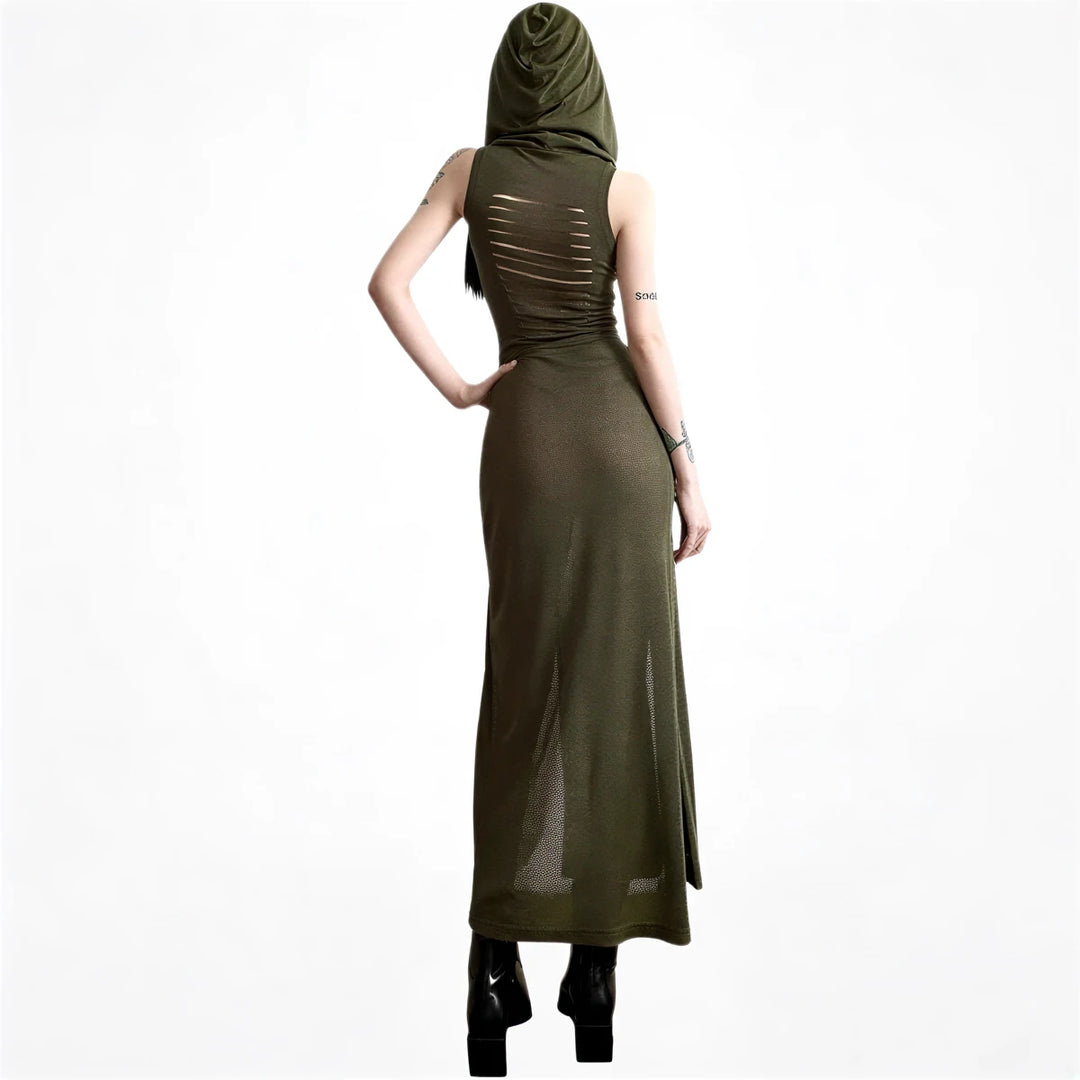 Olive green sleeveless dress with hood, mesh back, and side slit.
