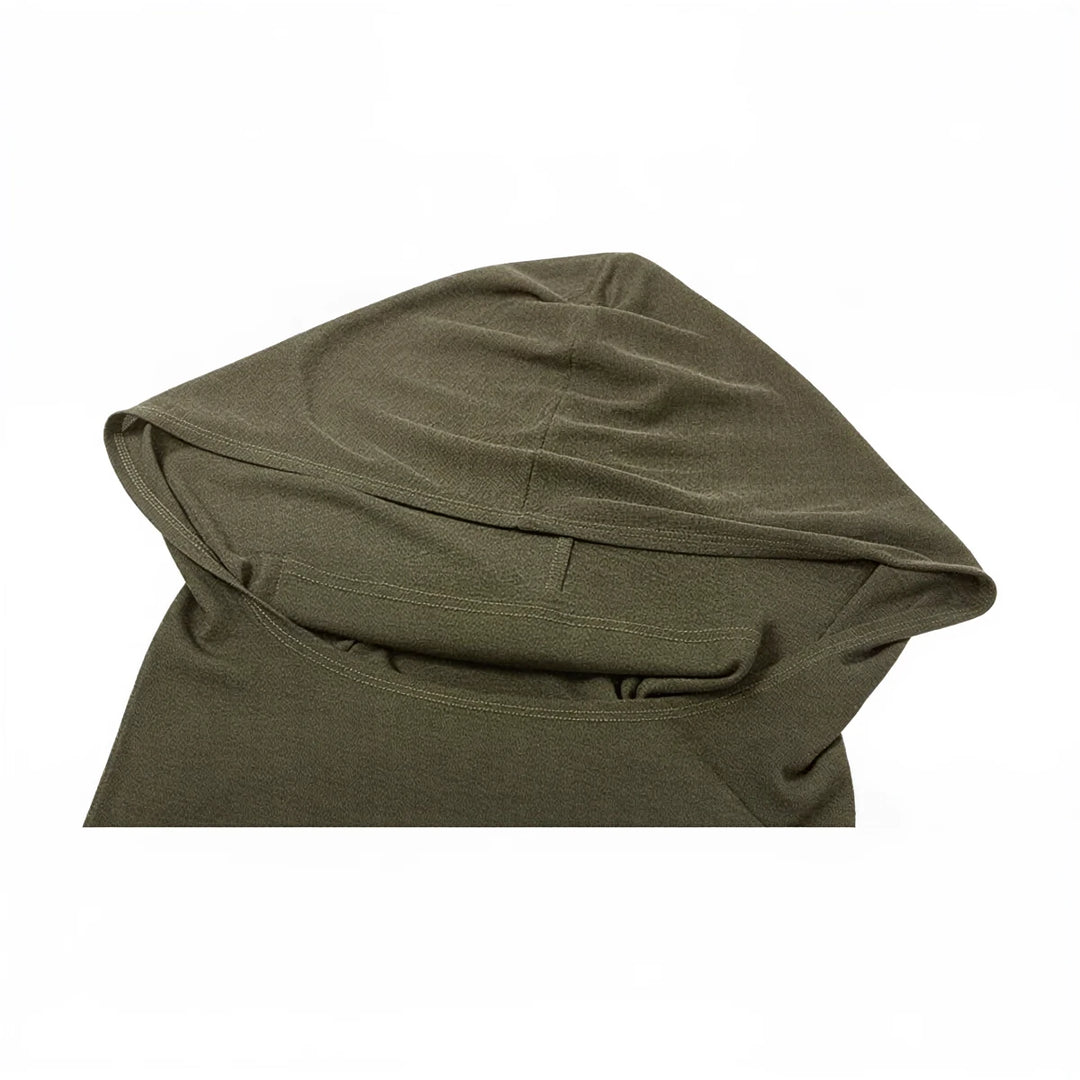 Olive green hooded dress, soft fabric, draped hood detail.